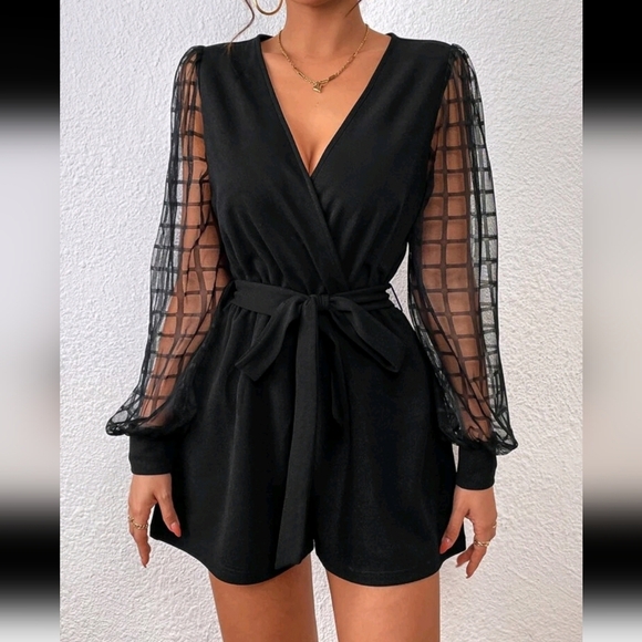 Plaid Mesh Lantern Sleeve Overlap Collar Belted Romper - Picture 3 of 5